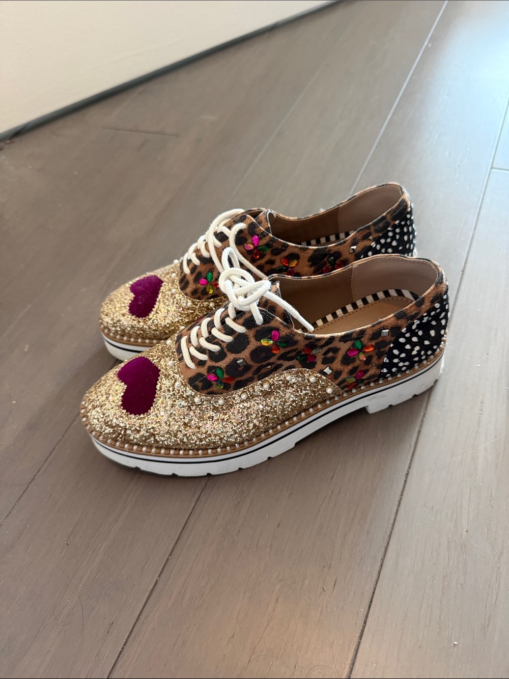 Betsey Johnson Gold Glitter Leopard Lace-Up Sneakers with Pink Heart